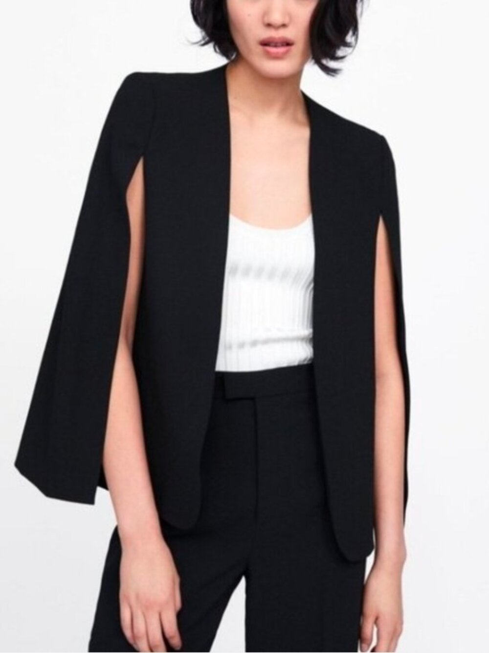 ZARA Black Cape Blazer Jacket Sz S Open Front Collarless